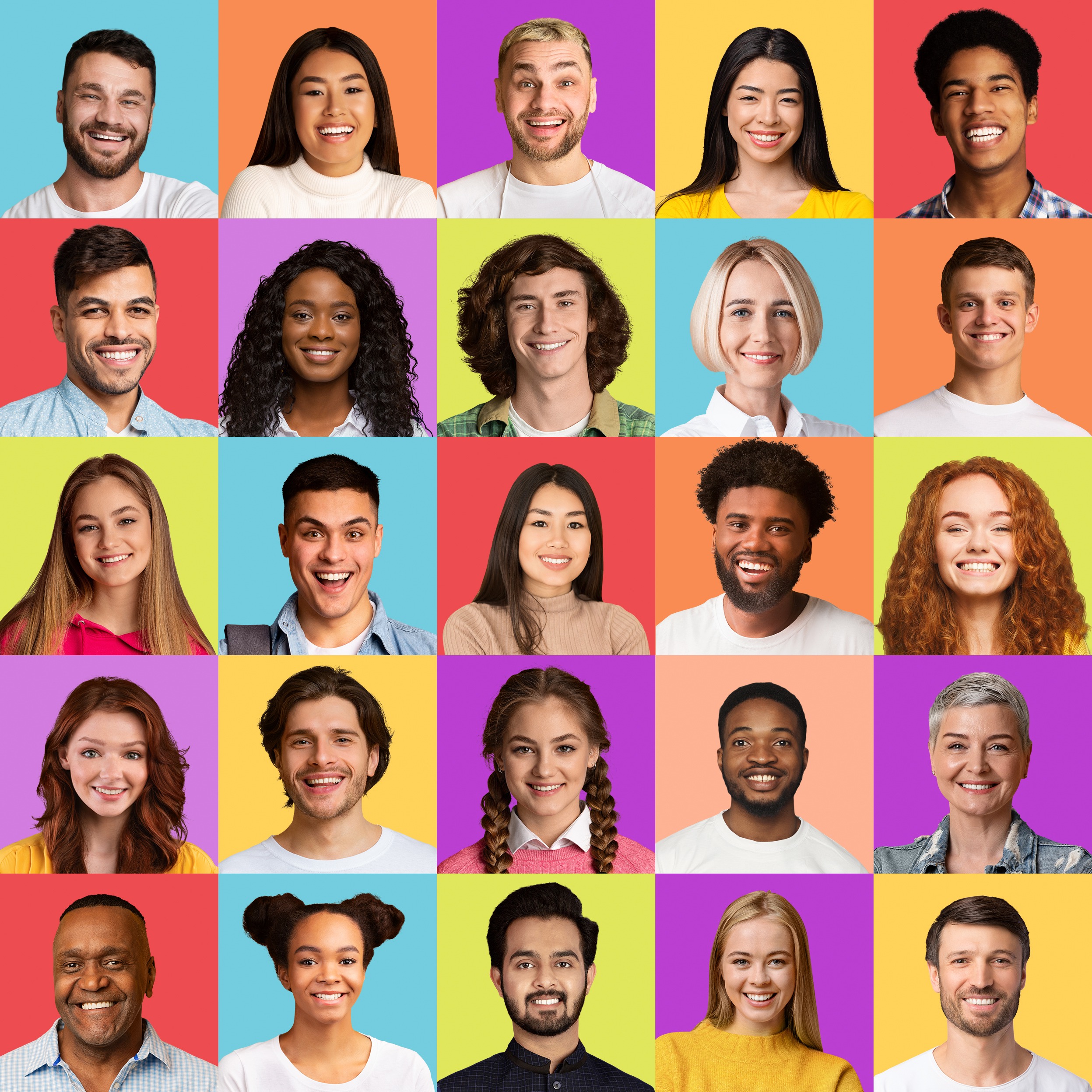Mixed Men And Women Posing Over Colorful Backgrounds, Collage, Square